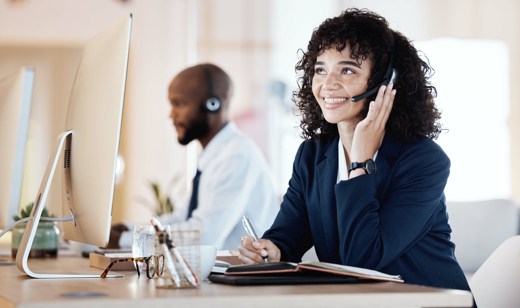 Crm, call center and black woman communication of a lead generation worker on a office call. Custom